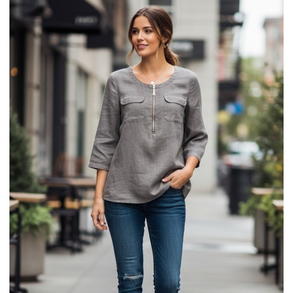 ELLEN TRACY M Grey Linen Tunic Half Zip Top Pockets Roll Tab Sleeve Coastal